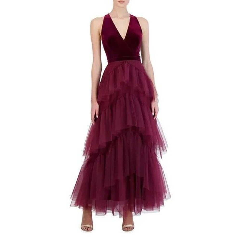 BCBGMAXAZRIA V-Neck Ruffle Long Evening Dress Size XL
